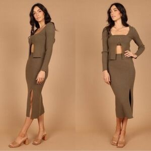 Petal & Pup NEW Luna Knitted Matching 3 Piece Set Midi Dress Olive Green Size S